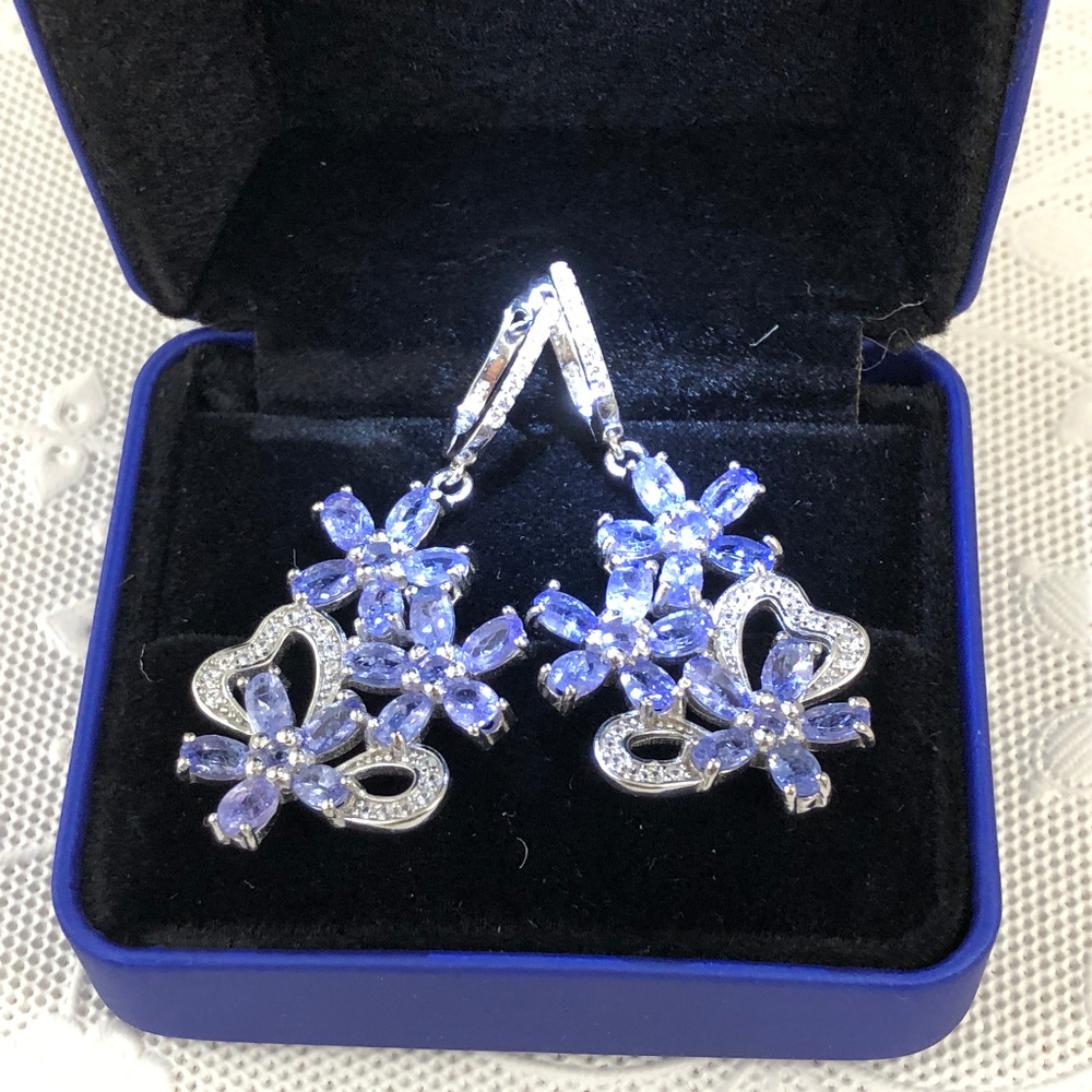 Exquisite Blue Tanzanite & CZ 925 Silver Earrings